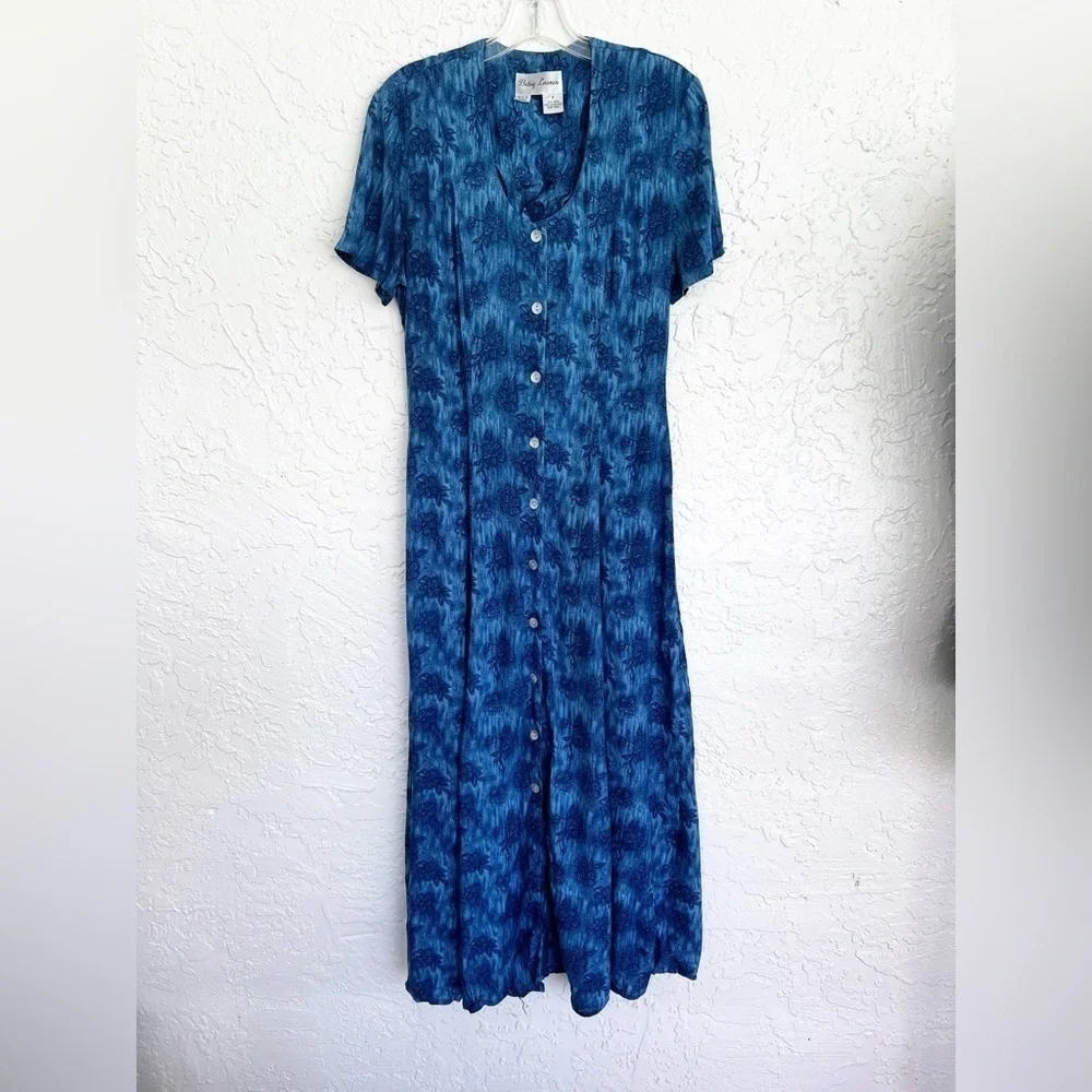 Betsy Lauren Womens Floral Maxi Dress Blue Button Up Cottagecore Vintage Size 6